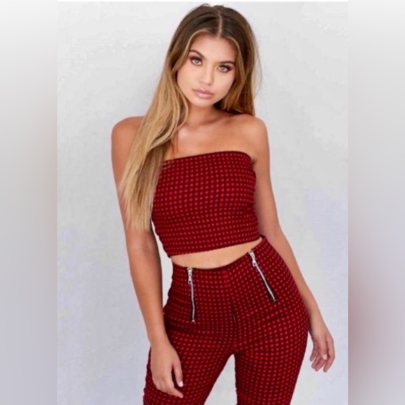 I AM GIA Alexis Checkered Strapless Crop Top Red Black SZ S - Picture 5 of 12